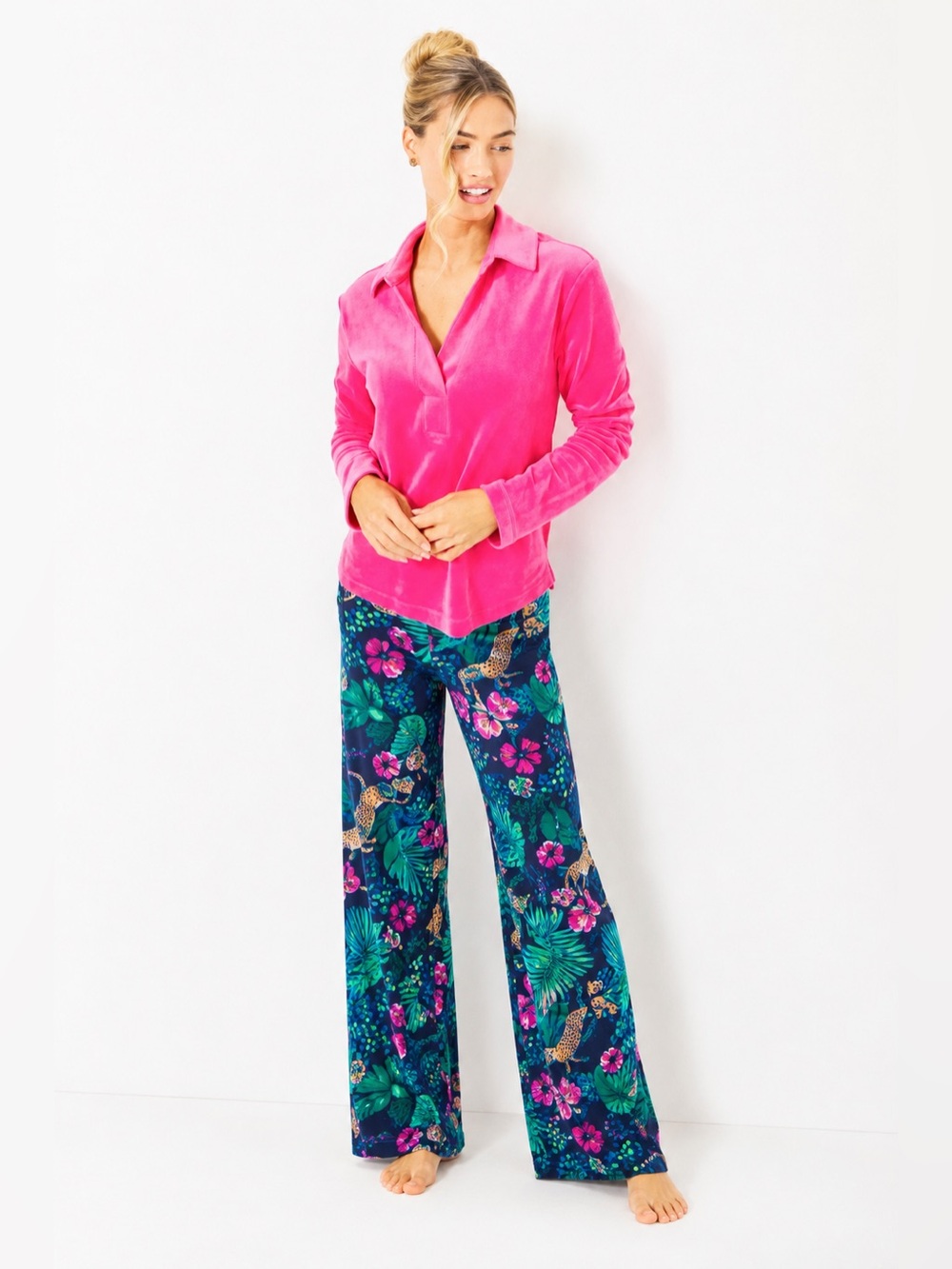 Lilly Pulitzer Raglan Long Sleeve Barbie Pink Velour Collared V Neck Popover